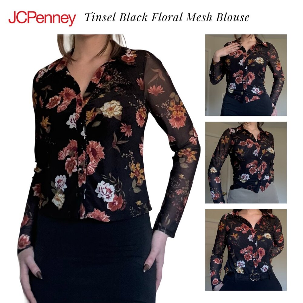 Tinsel Black Floral Mesh Blouse – M
